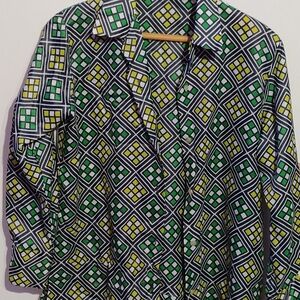GEOMETRIC STYLE BLOUSE--YELLOW, GREEN, BLACK AND WHITE ---MADE IN JAPAN